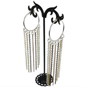 Silver Hoop Earrings Mixed Metal Chain Fringe Shoulder Dusters Cowgirl Disco